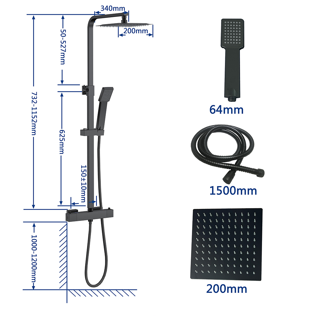 Aica Colonna Doccia Con Miscelatore Termostatico, Set Doccia Con Soffione 20X20Cm E 40X280Mm Rubinetto Nero