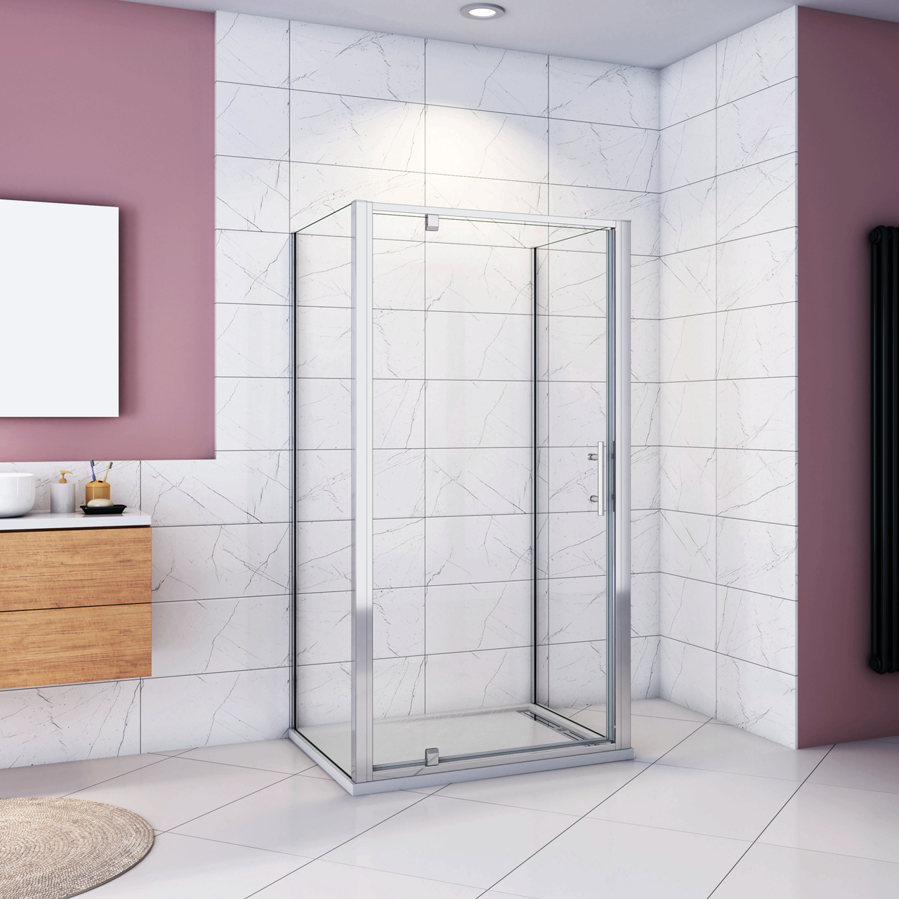 185cm Box Doccia a Tre Lati Porta Girevole Battente 100cm con Doppia Parete Fissa 80x80cm Vetro Temperato Trasparente 5 mm Profilo Cromo Lucido