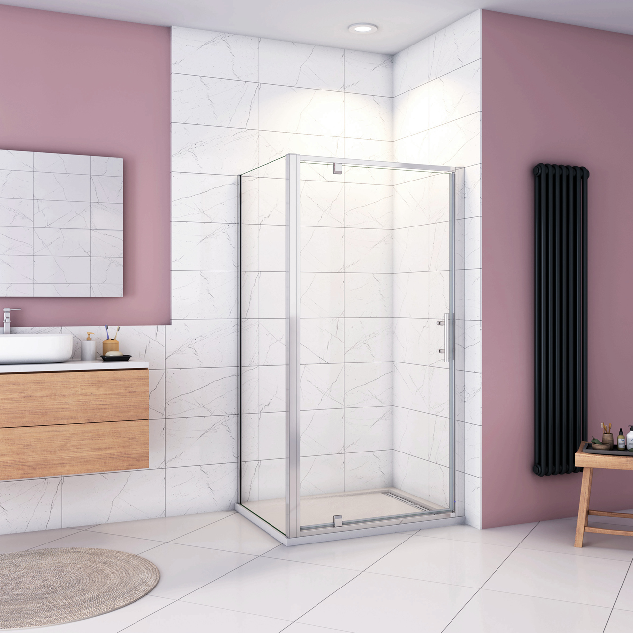 185cm Box Doccia Angolare Porta Girevole Battente con Parete Fissa 100x80cm in Vetro Temperato Trasparente 5 mm Profilo Cromo Lucido
